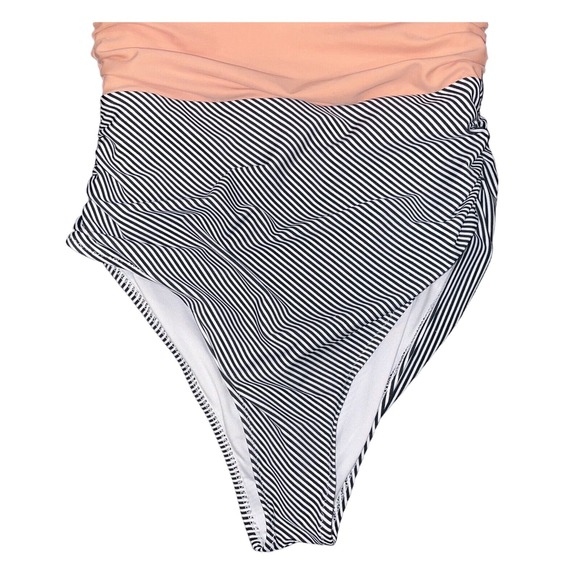 Cupshe Women's One Piece Swimsuit Medium Ruching Peachy Pink Navy/White‎ Striped - Picture 2 of 8
